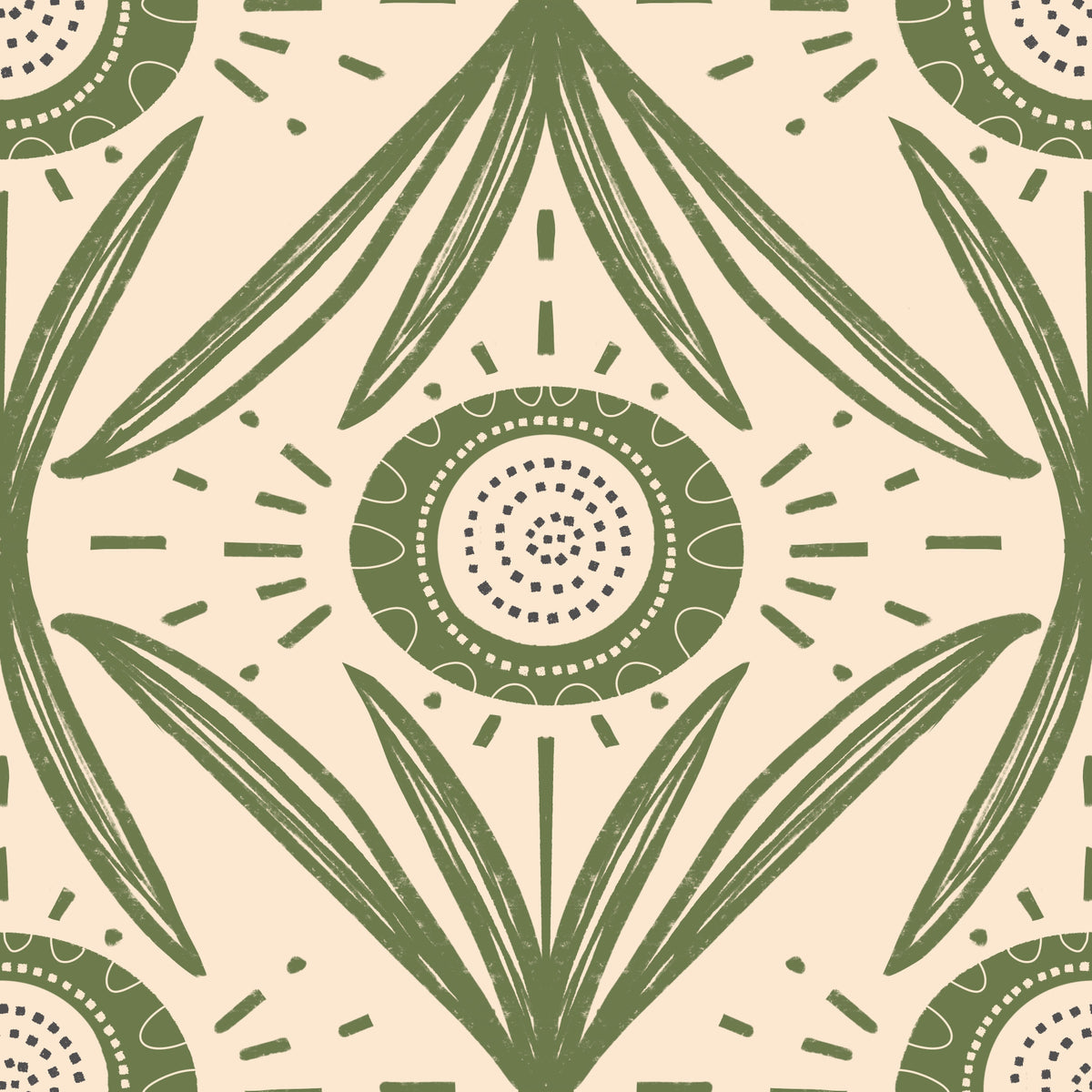 Folk Bloom Radiance Olive Green - Farmhouse Floral Wallpaper⁠ in your room — zoomed