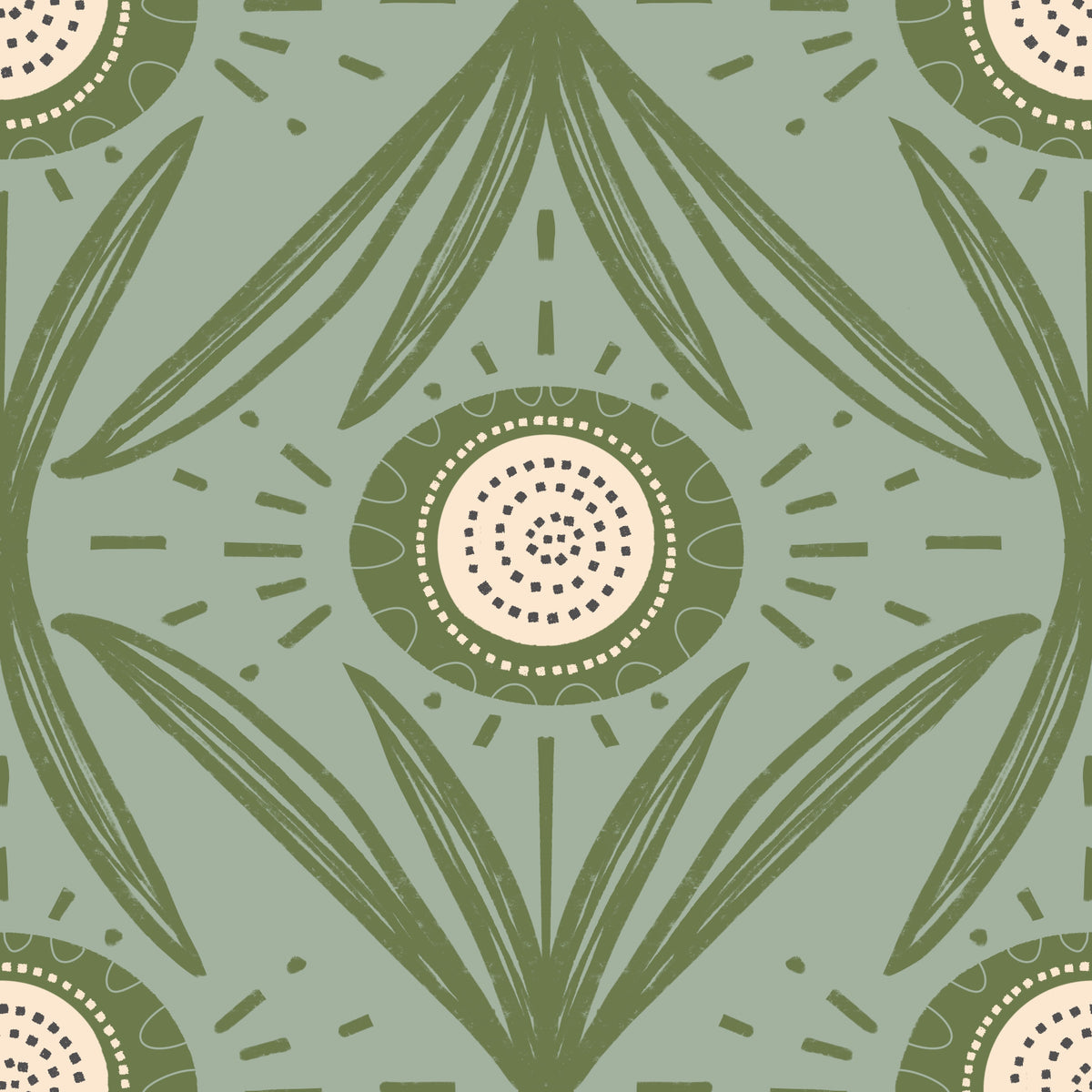 Folk Bloom Radiance Olive Sage - Cottage Green Floral Wallpaper⁠ in your room