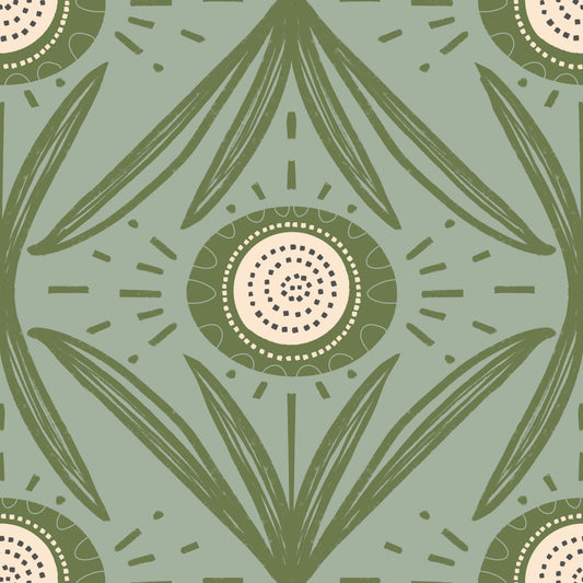 Folk Bloom Radiance Olive Sage - Cottage Green Floral Wallpaper⁠