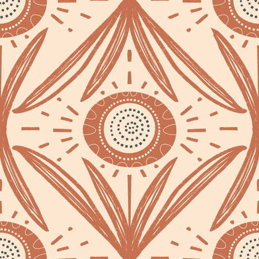 Folk Bloom Radiance Terracotta - Retro Cottage Floral Wallpaper⁠
