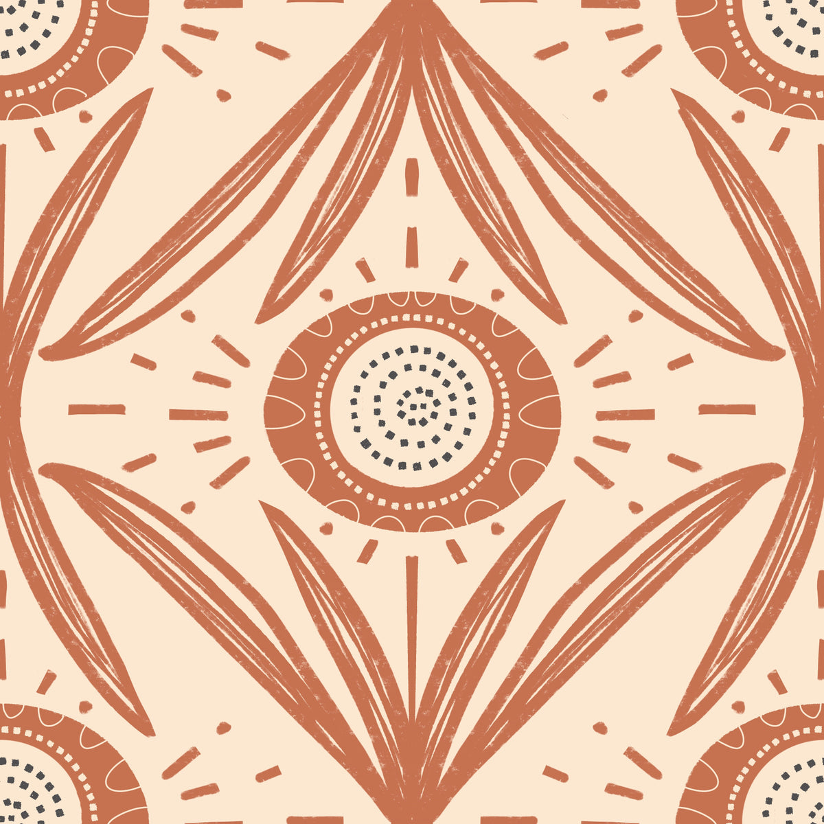 Folk Bloom Radiance Terracotta - Retro Cottage Floral Wallpaper⁠ in your room — zoomed