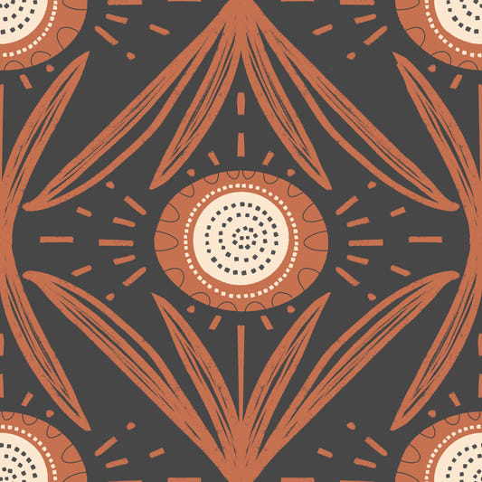 Folk Bloom Radiance Terracotta Charcoal - Mid Mod Floral Wallpaper⁠