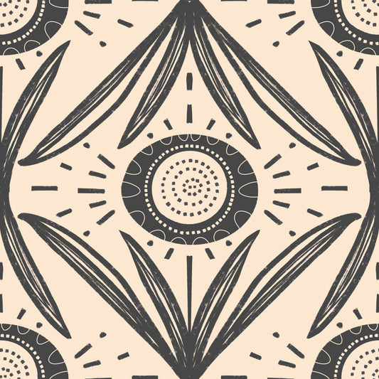 Folk Bloom Radiance Charcoal cream - Retro Contrast Floral Wallpaper⁠