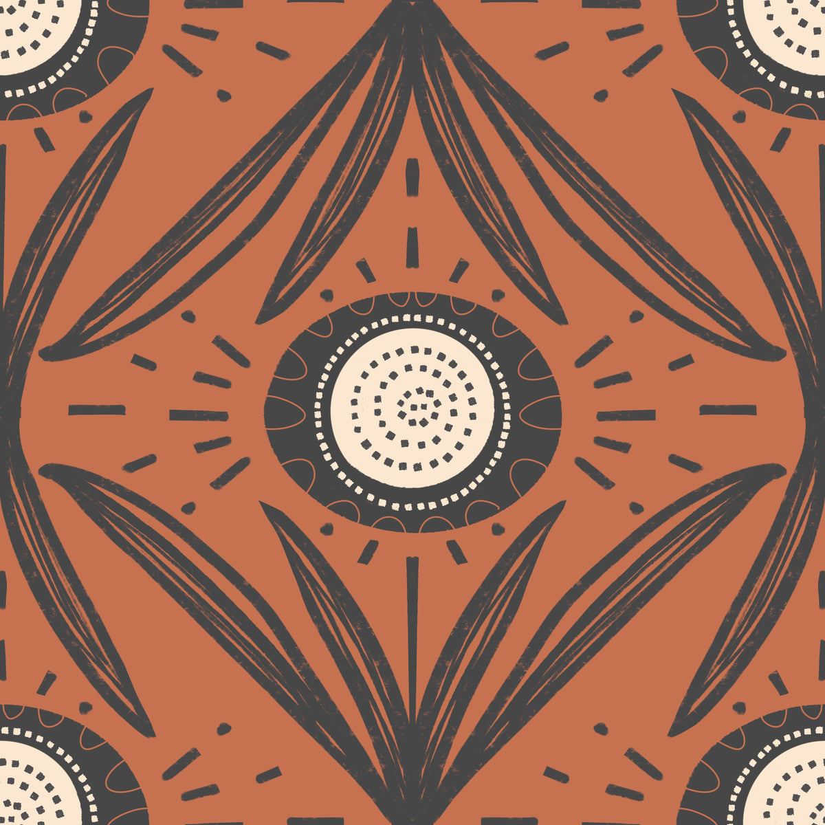 Folk Bloom Radiance Charcoal Terracotta - Retro Contrast Floral Wallpaper⁠ in your room — zoomed