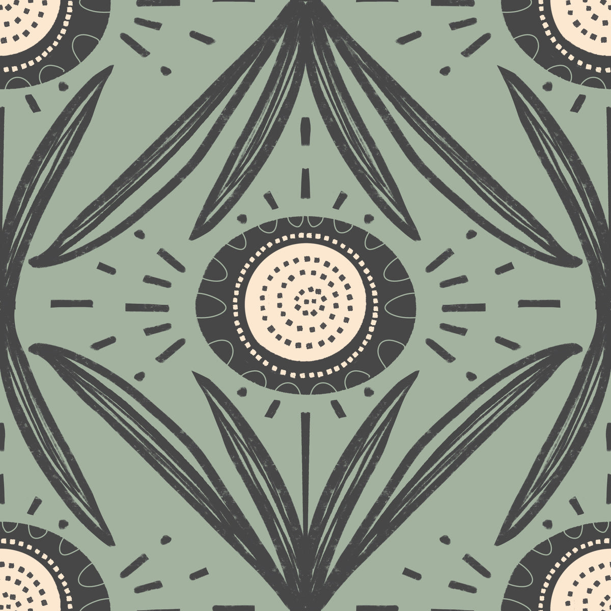 Folk Bloom Radiance Charcoal Sage - Rustic Modern Floral Wallpaper⁠ in your room