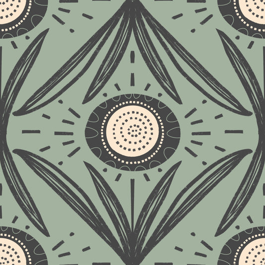 Folk Bloom Radiance Charcoal Sage - Rustic Modern Floral Wallpaper⁠