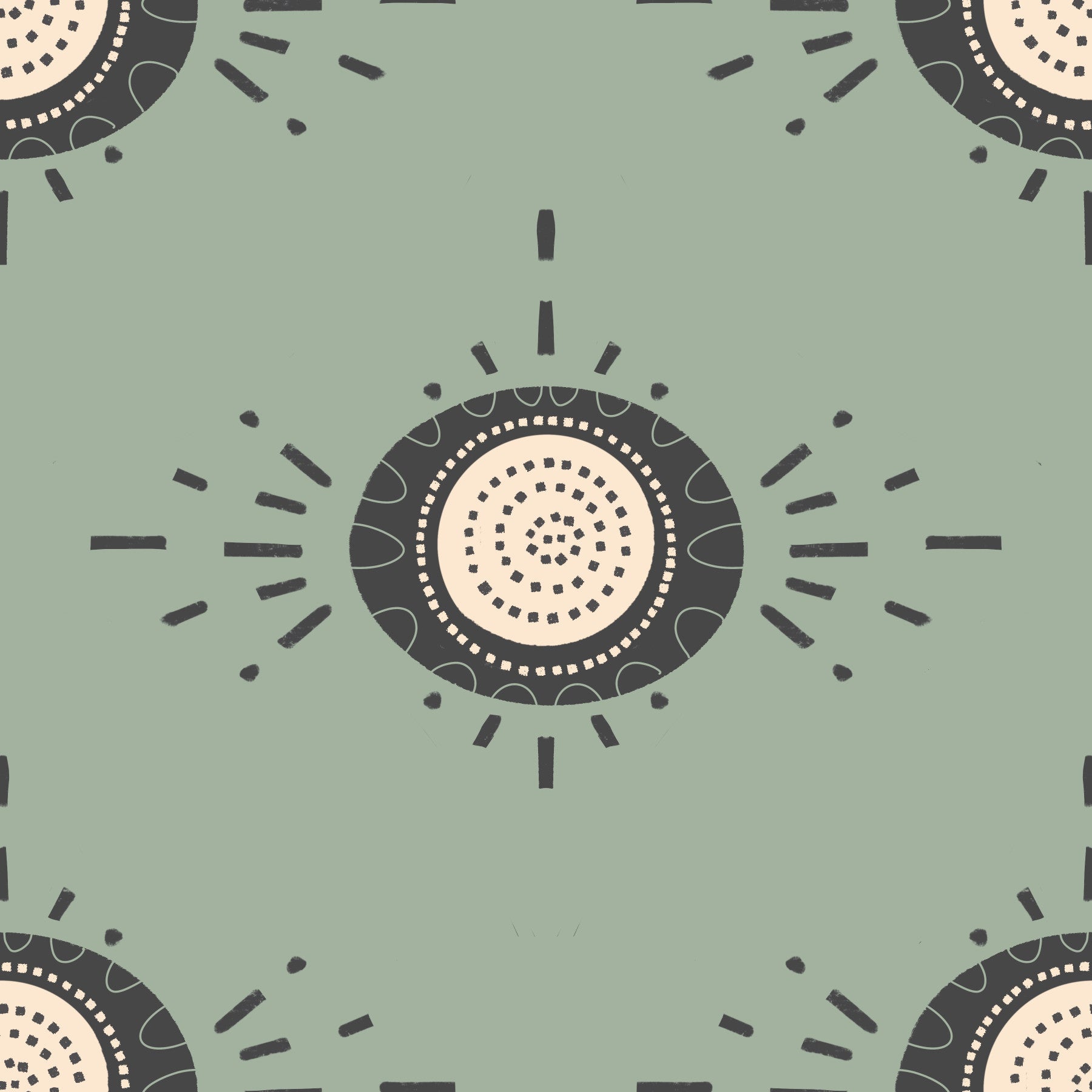Folk Bloom Light Charcoal Sage Wallpaper with geometric floral motifs

