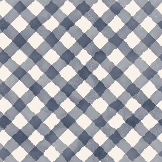 Hand Painted Blue Festive Gingham Wallpaper⁠