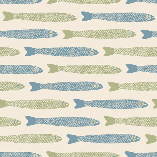 Anchovies Retro Blue Sage Green Fish on Cream Wallpaper⁠