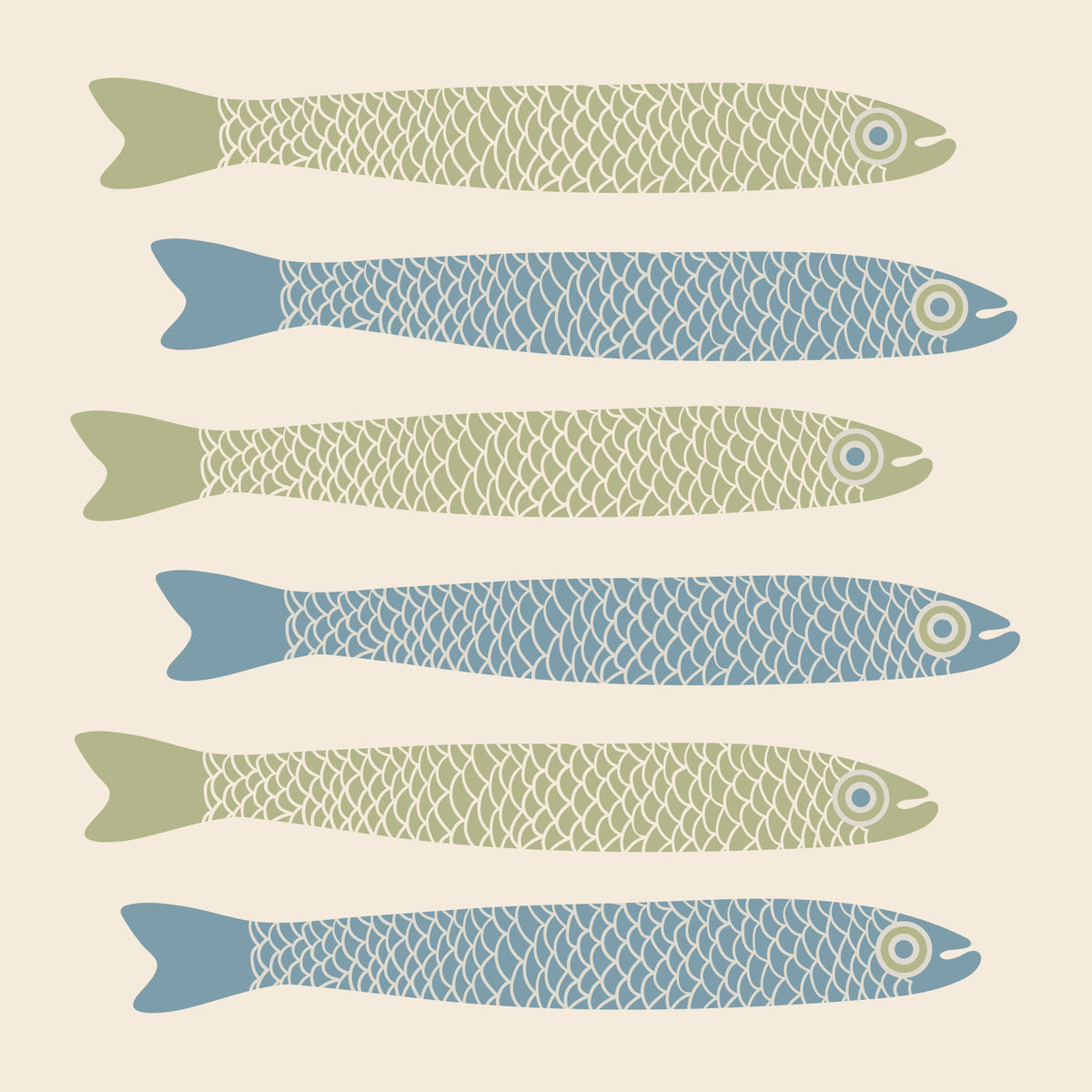 Anchovies Retro Cream Light Blue Sage Green Fish on Cottagecore Cream Wall Mural in your room — zoomed