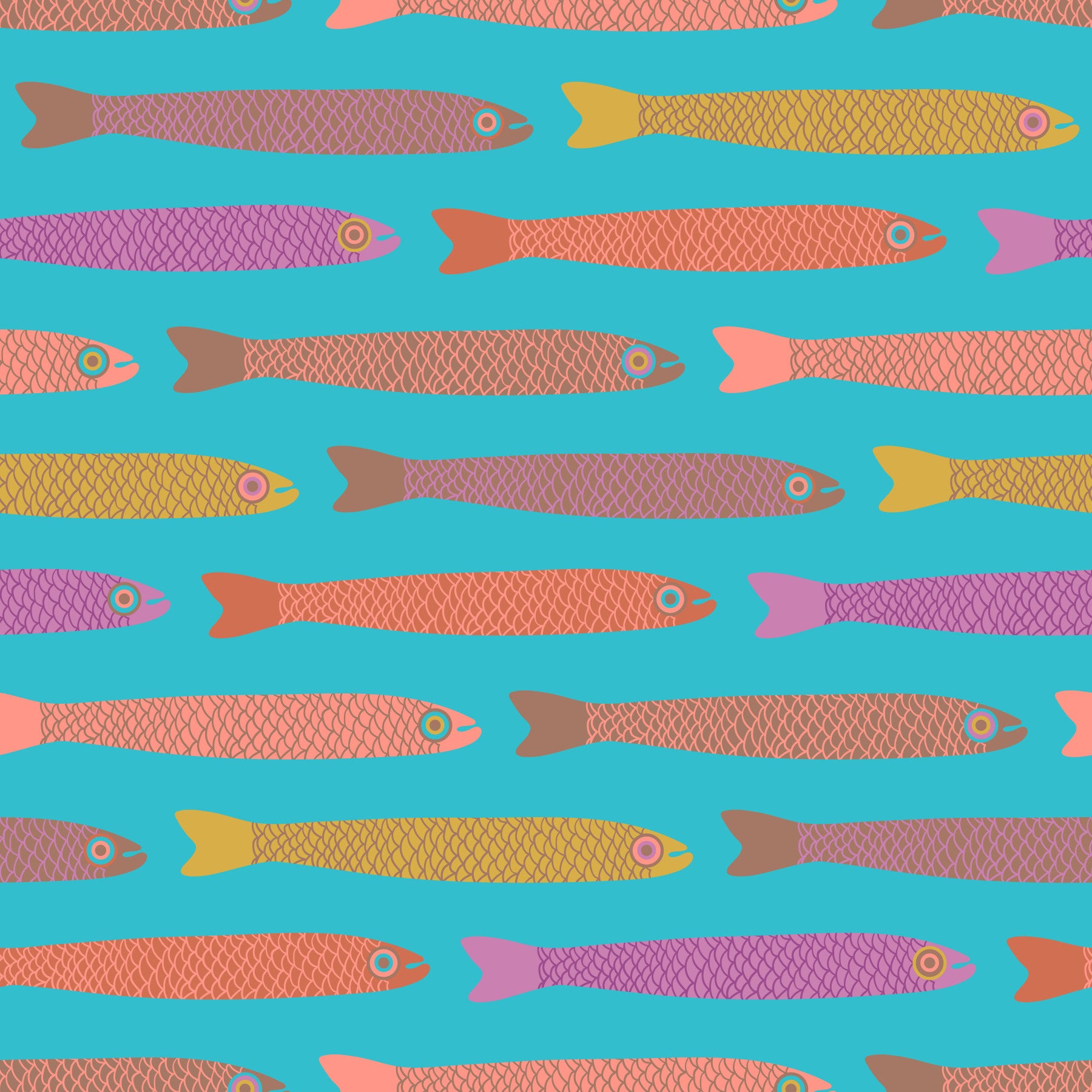 Anchovies Retro Multicolored Fish with Mocha Mousse Brown on Blue Wallpaper⁠ in your room — zoomed