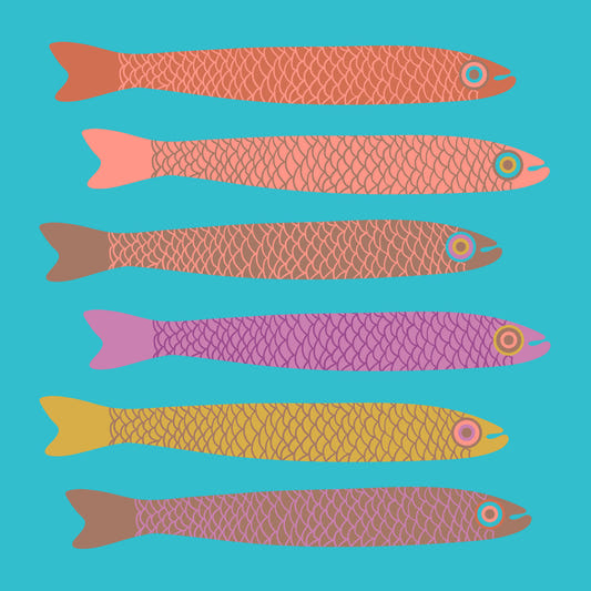 Anchovies Retro Multicolored Fish with Mocha Mousse Brown on Blue Wall Mural