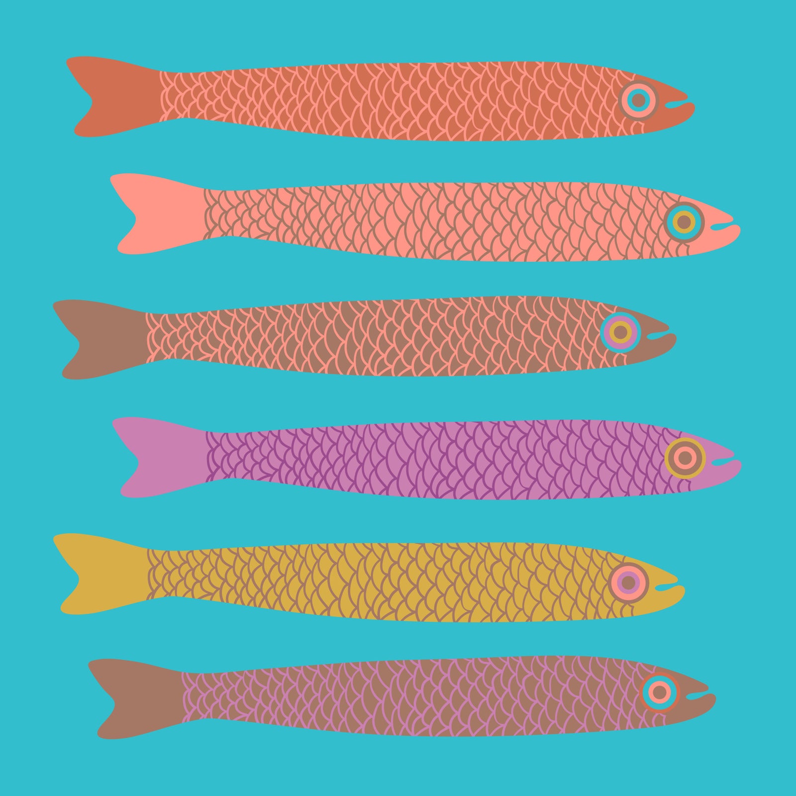 Anchovies Retro Multicolored Fish with Mocha Mousse Brown on Blue Wall Mural in your room
