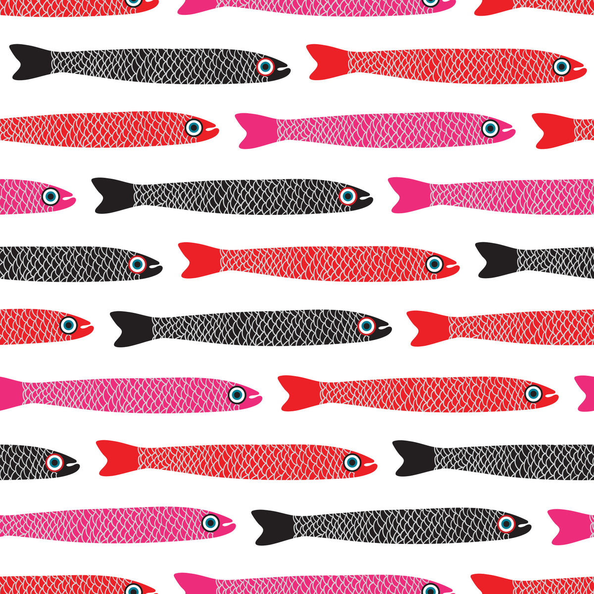 Anchovies Retro Red Pink Black Fish on White Wallpaper⁠ in your room