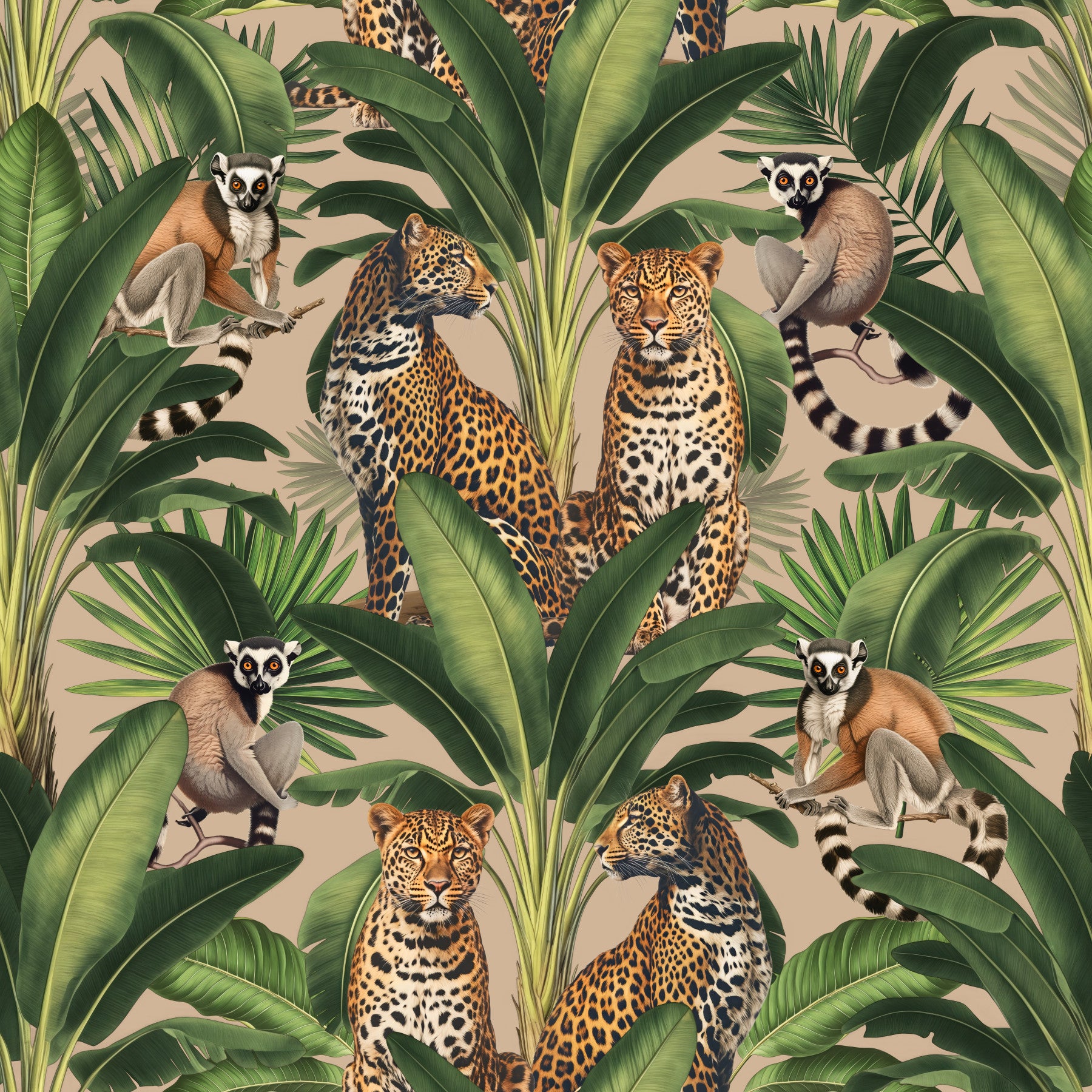 Cheetah And Monkey Jungle Beige Wallpaper⁠