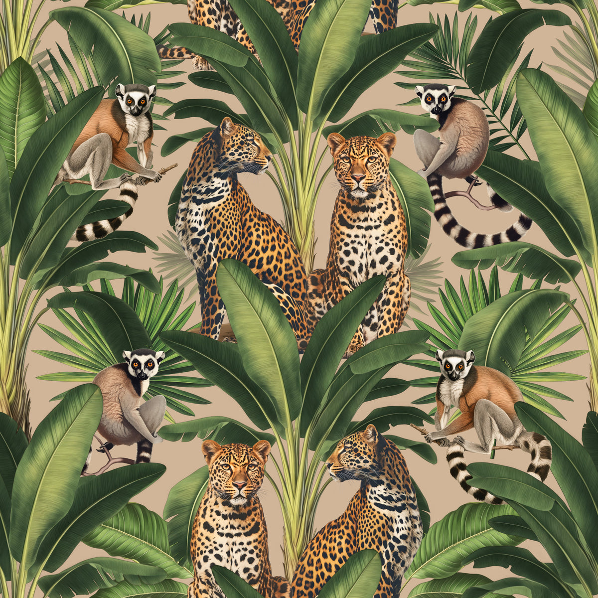 Cheetah And Monkey Jungle Beige Wallpaper⁠ in your room — zoomed