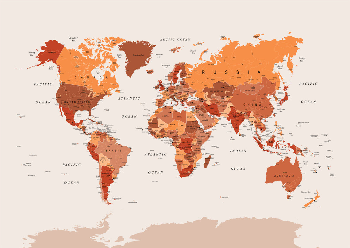 World Map Burnt Orange Wall Mural