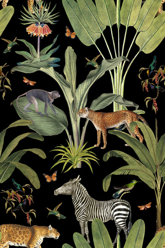 Safari Wildlife Vintage Botanical Black Wallpaper⁠