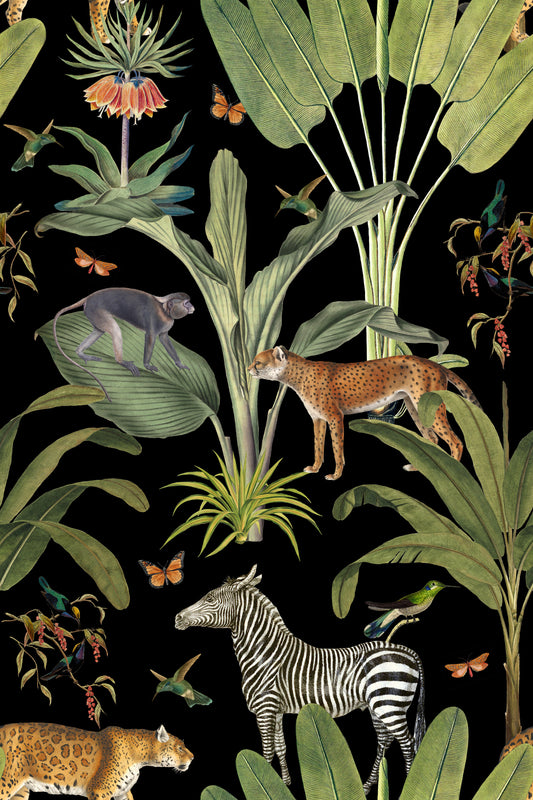 Safari Wildlife Vintage Botanical Black Wallpaper⁠