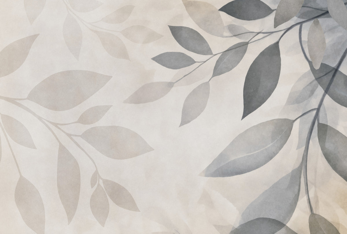 Gentle Leaf Whispers Beige Grey Wall Mural in your room — zoomed