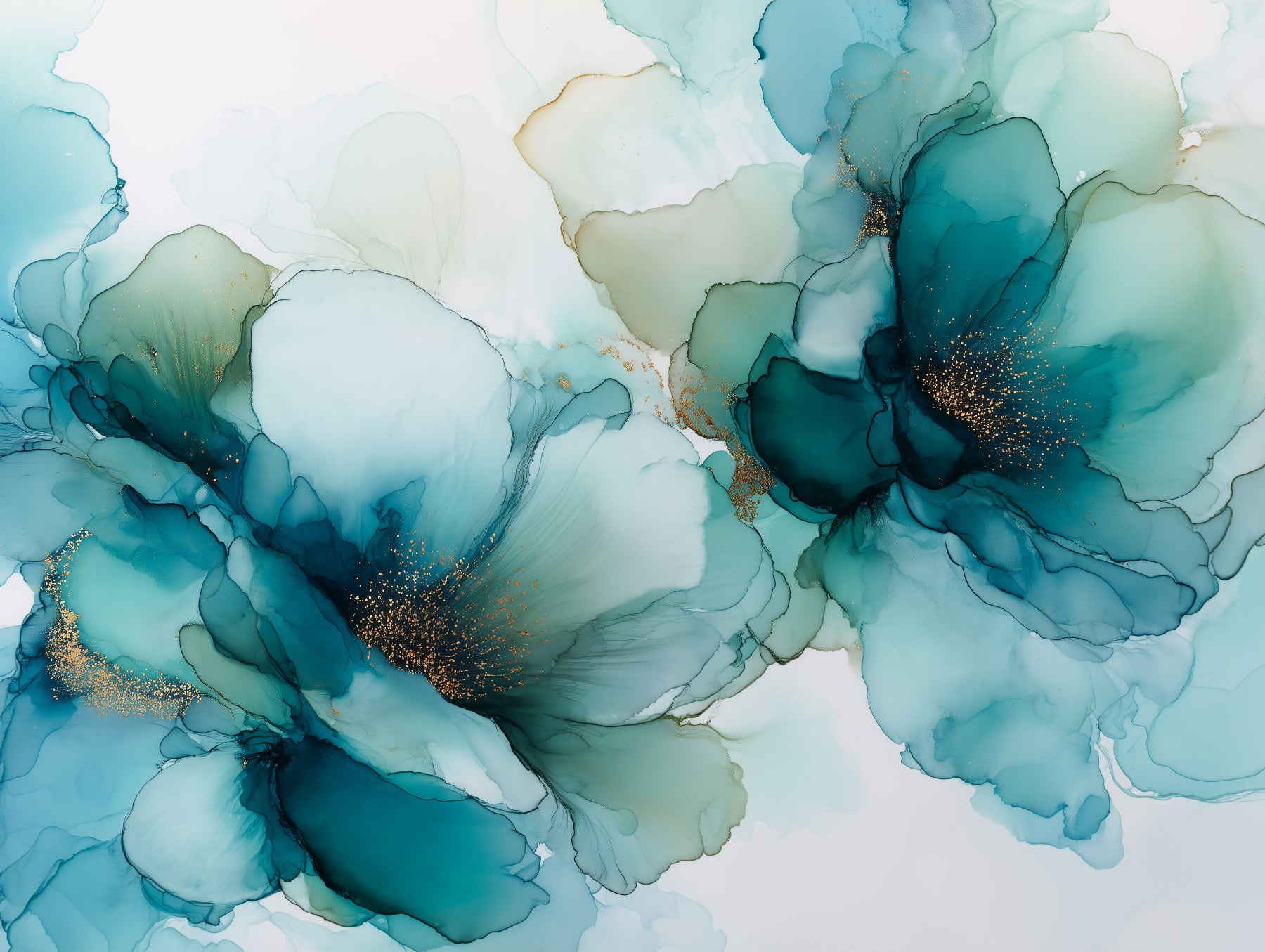 Blue Mist Ink Flowers Wall Mural