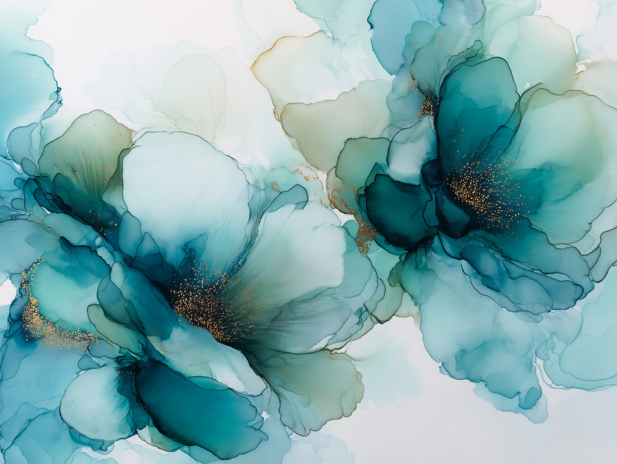 Blue Mist Ink Flowers Wall Mural in your room — zoomed
