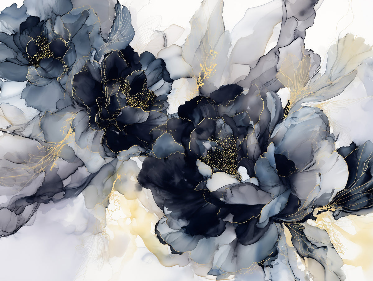 Midnight Blossom Ink Flowers Wall Mural in your room
