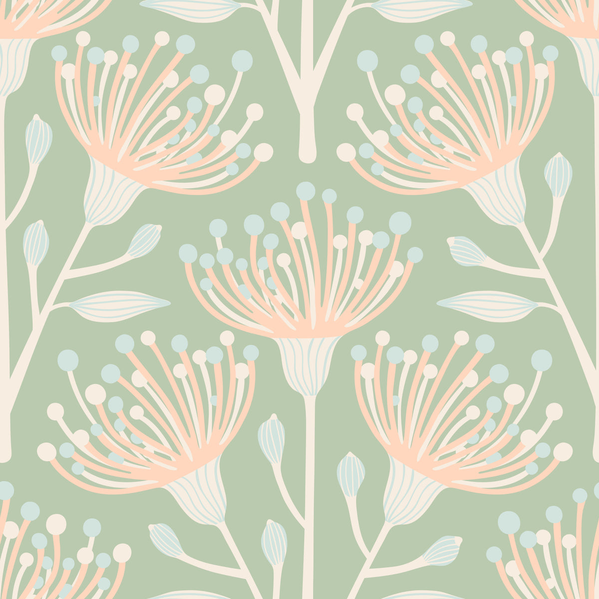 Eucalyptus Floral Botanical Cottage Blush on Sage Green Wallpaper⁠ in your room