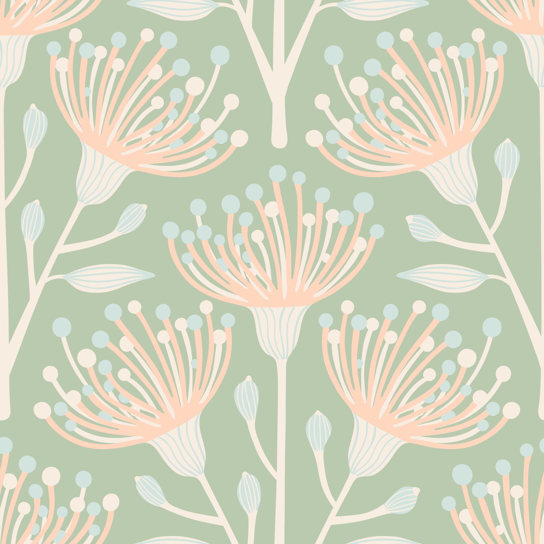 Eucalyptus Floral Botanical Cottage Blush on Sage Green Wallpaper⁠ in your room — zoomed