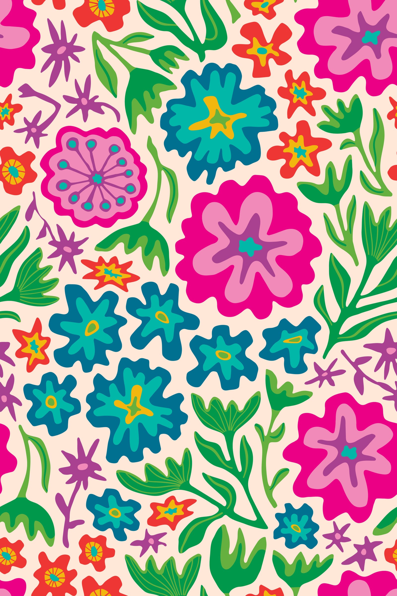 Sayulita Tropical Retro Floral Botanical Rainbow Brights on Cream Wallpaper⁠ in your room