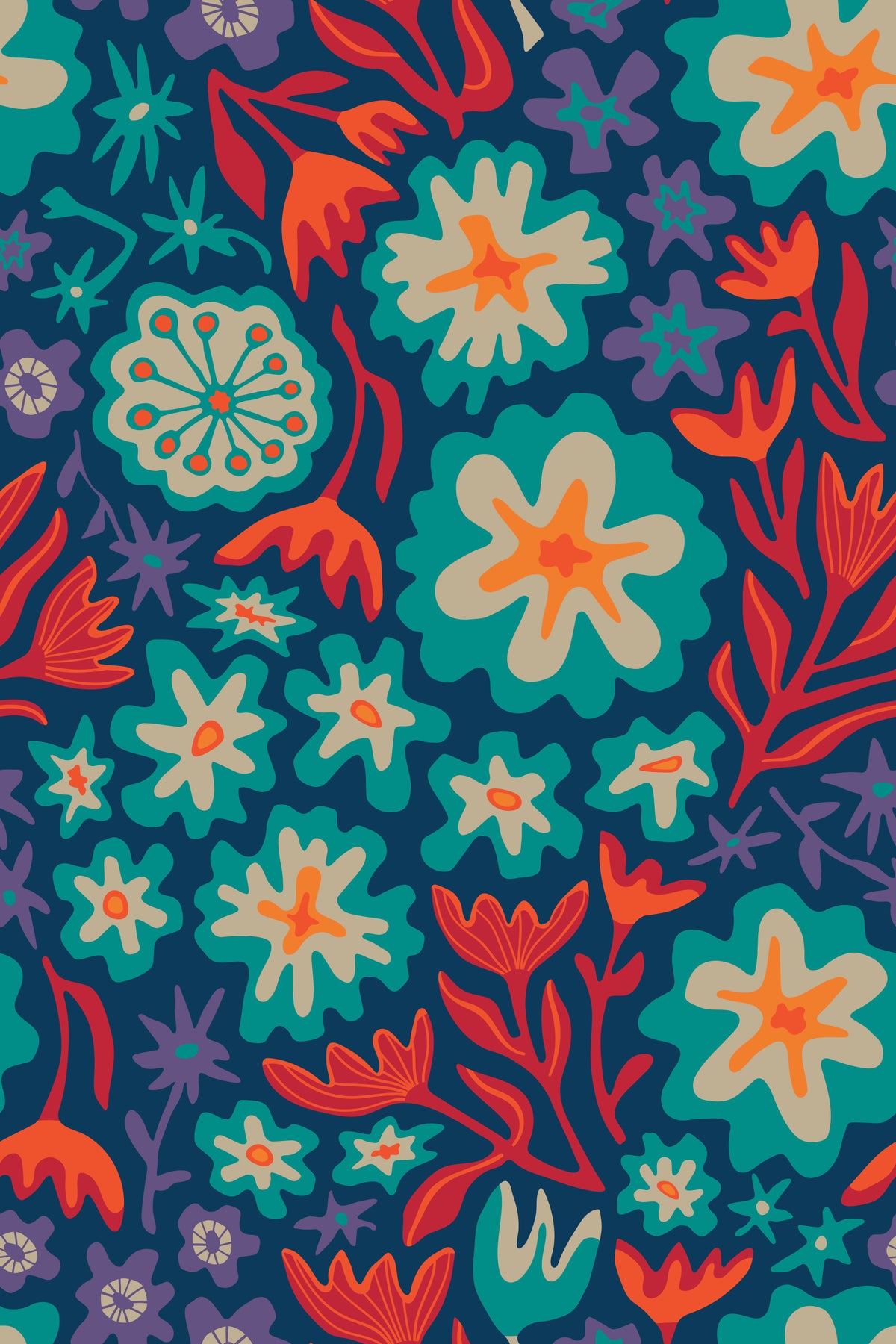 Sayulita Tropical Retro Floral Botanical Bright Aqua Orange Red Purple Dark Blue Wallpaper⁠ in your room