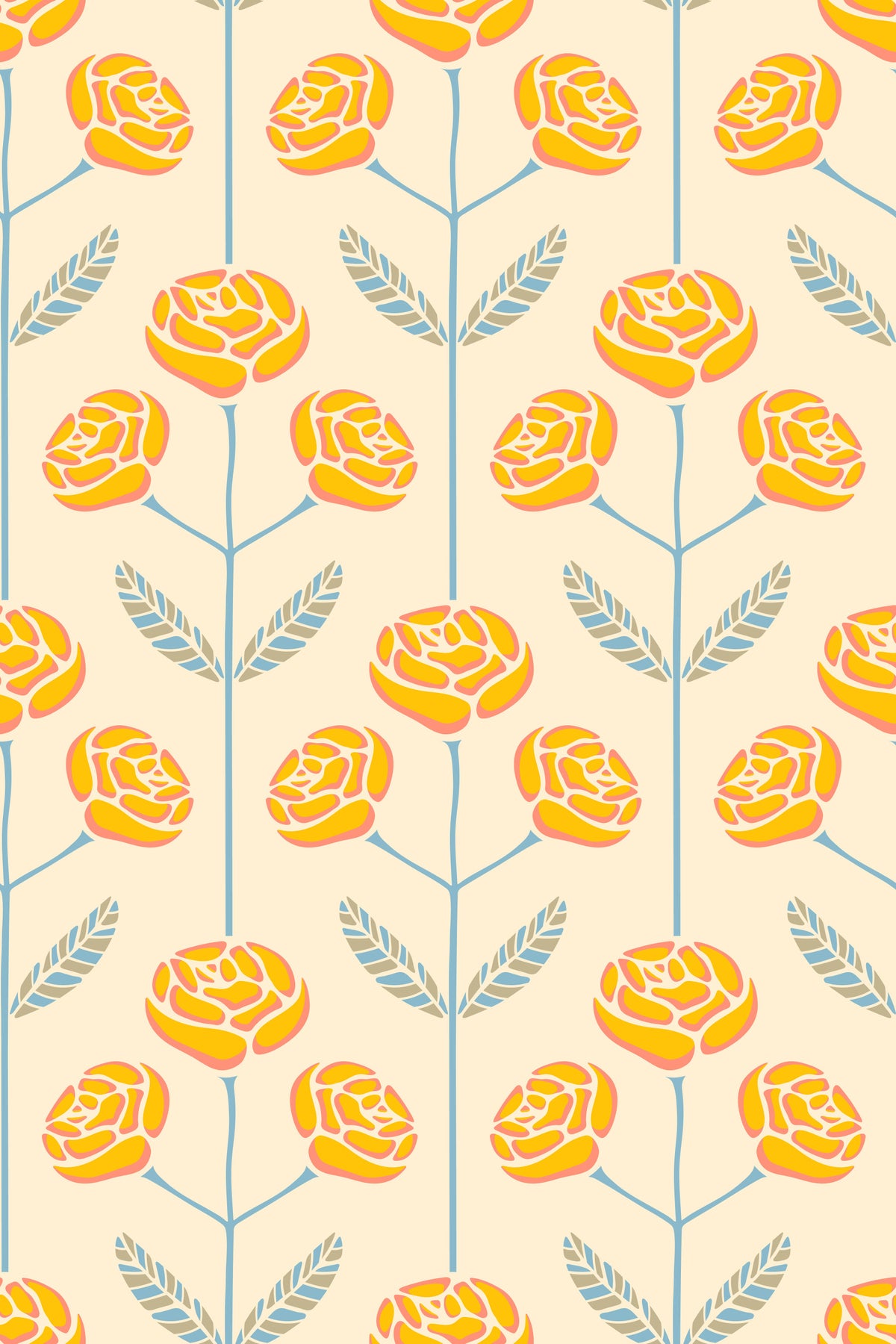 Lola Rose Retro Scandi Mid Century Floral Cottage Yellow Blue Gray Leaves Wallpaper⁠ in your room