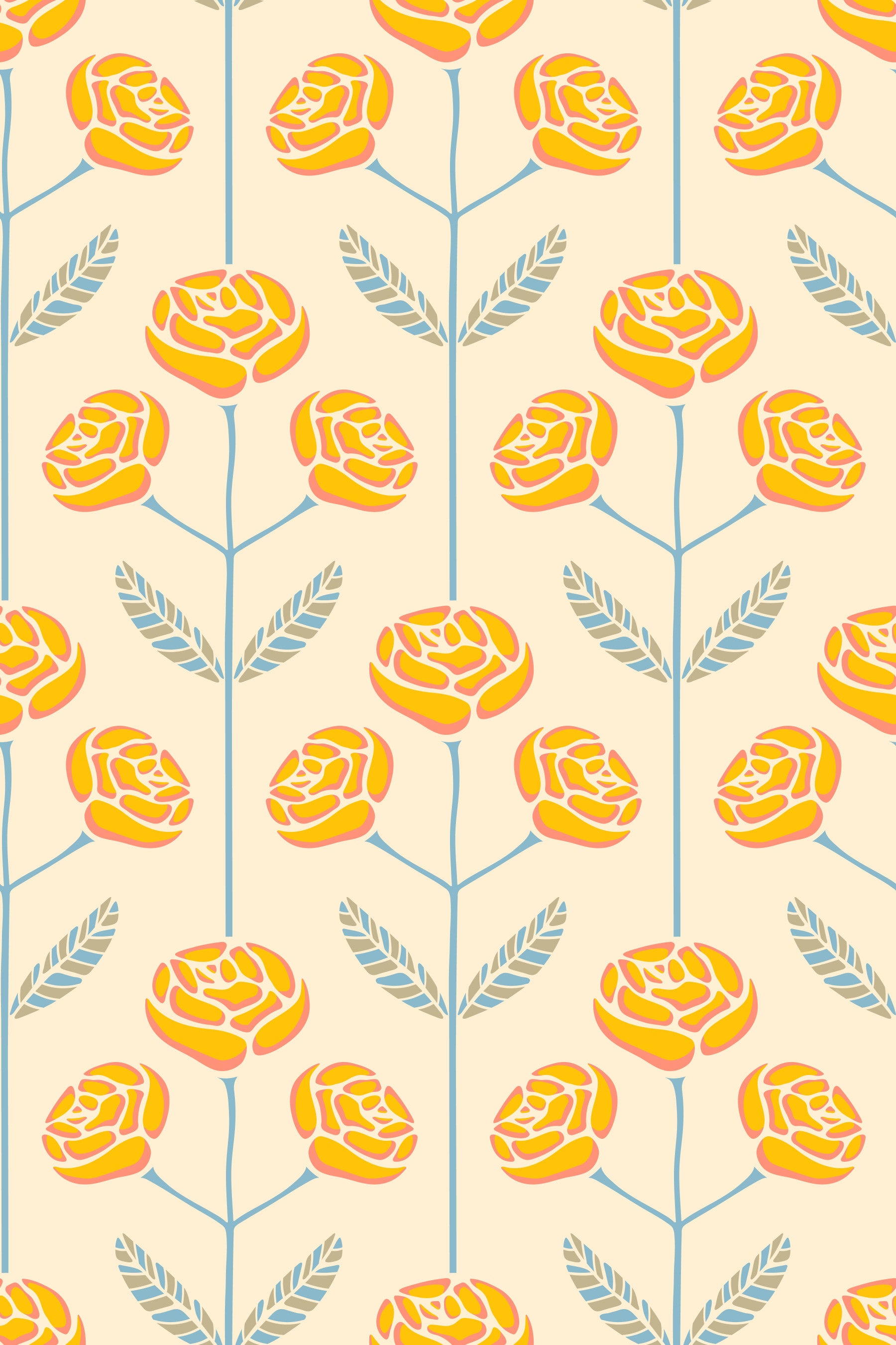 Lola Rose Retro Scandi Mid Century Floral Cottage Yellow Blue Gray Leaves Wallpaper⁠