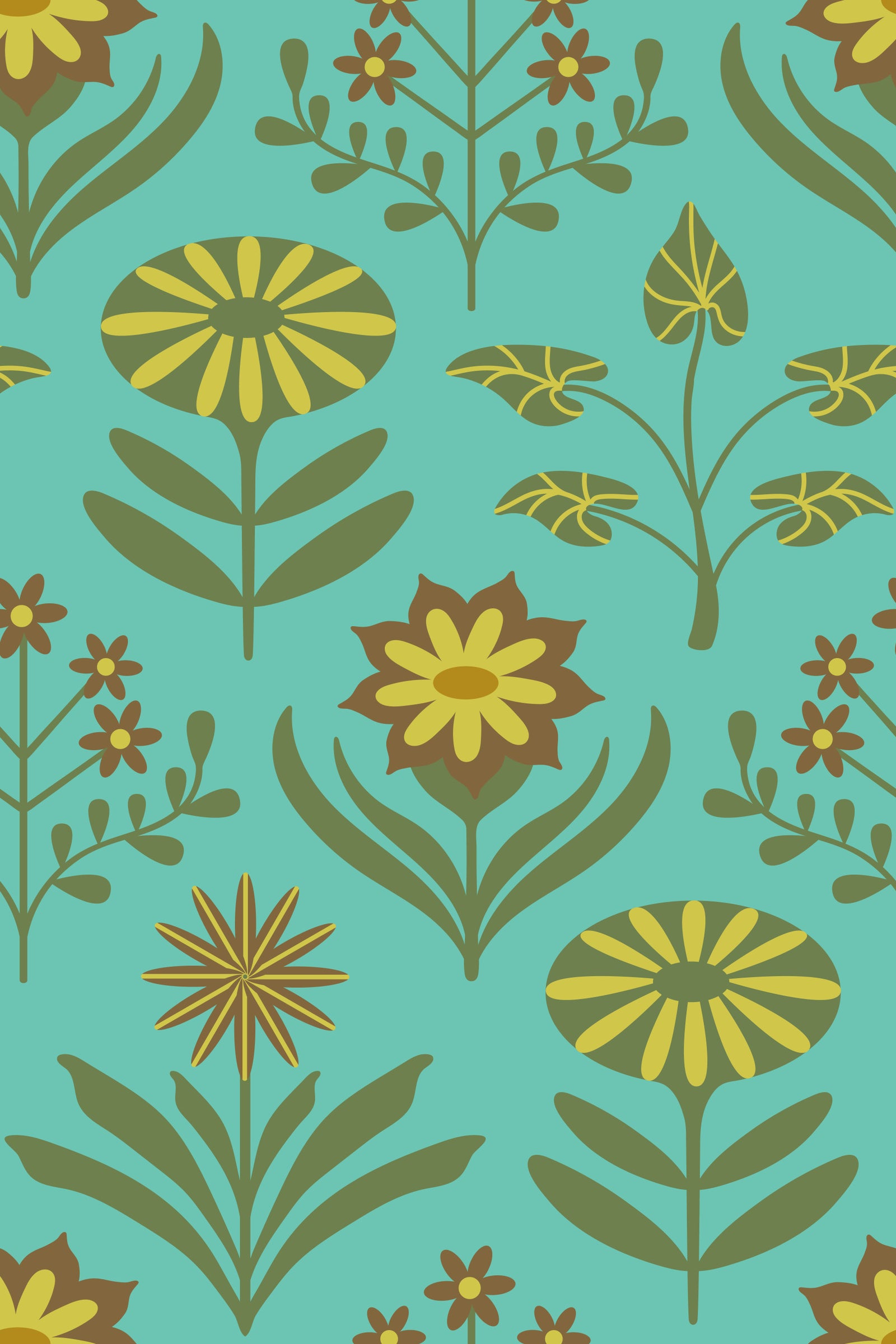 Tami Mid Century Modern Scandi Retro Floral Vintage Olive Green Brown Turquoise  Wallpaper⁠ in your room