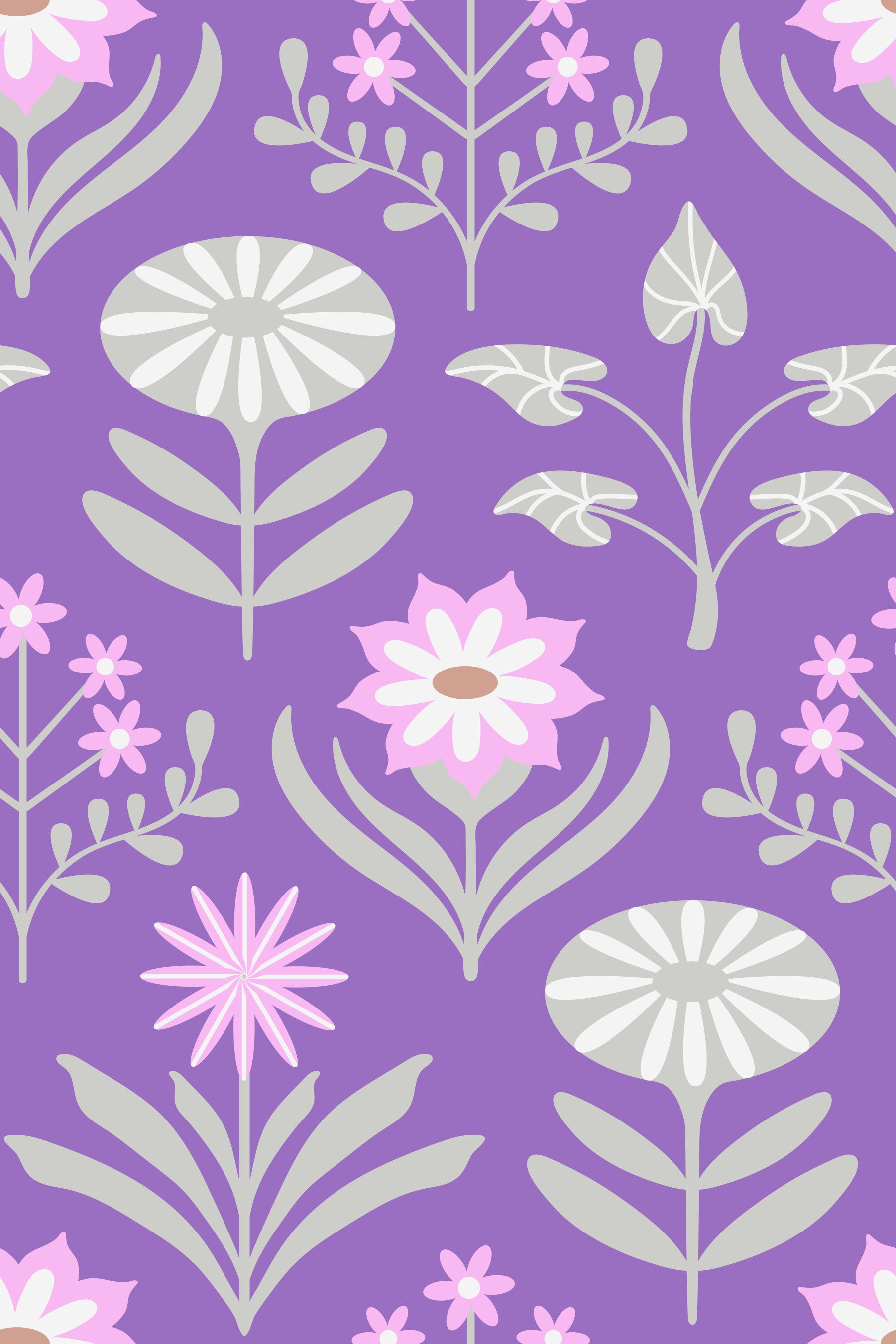 Tami Mid Century Modern Scandi Retro Floral Cottage Pink Gray Purple Wallpaper⁠ in your room — zoomed