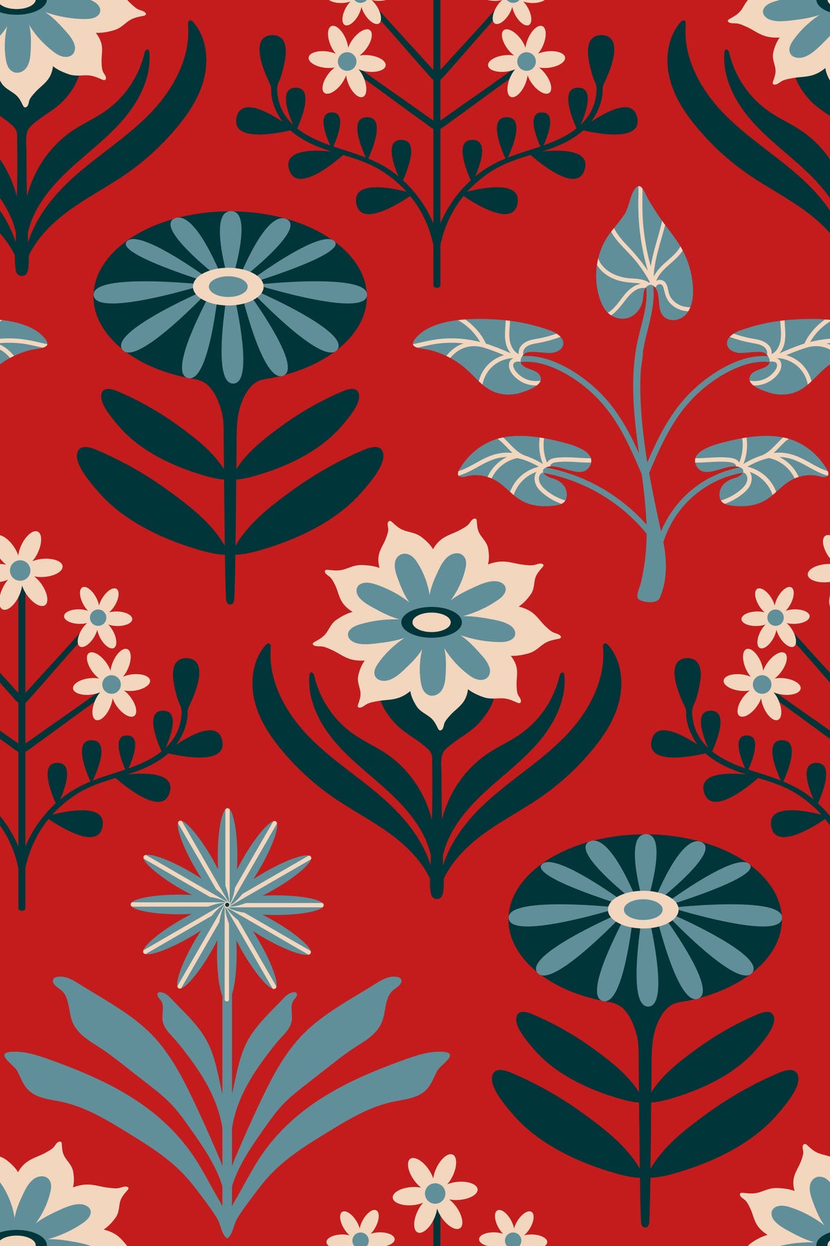 Tami Mid Century Modern Scandi Retro Floral Blue Navy Indigo White Dark Red Wallpaper⁠ in your room — zoomed