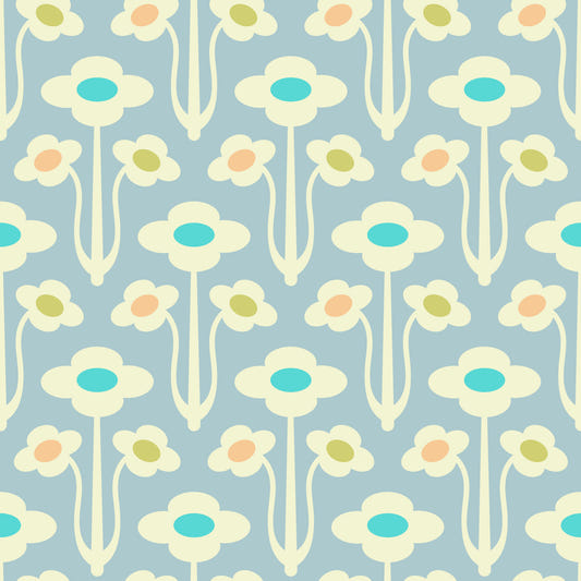 Yvette Mid Century Modern Scandi Retro Floral Cream Pastel Lavender Purple Wallpaper⁠