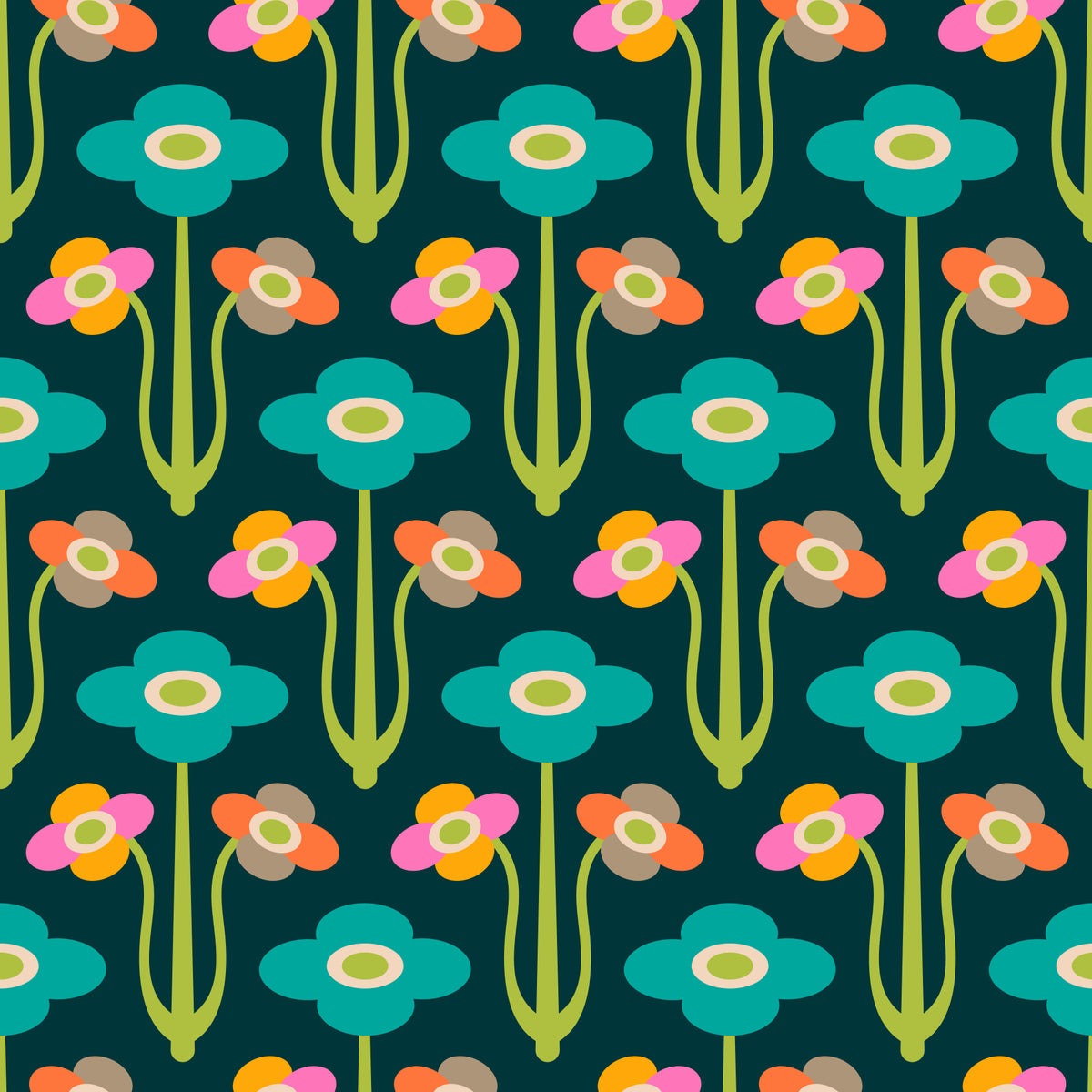 Yvette Mid Century Modern Scandi Retro Floral Rainbow Brights Dark Green  Wallpaper⁠ in your room — zoomed