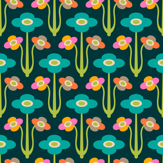 Yvette Mid Century Modern Scandi Retro Floral Rainbow Brights Dark Green  Wallpaper⁠