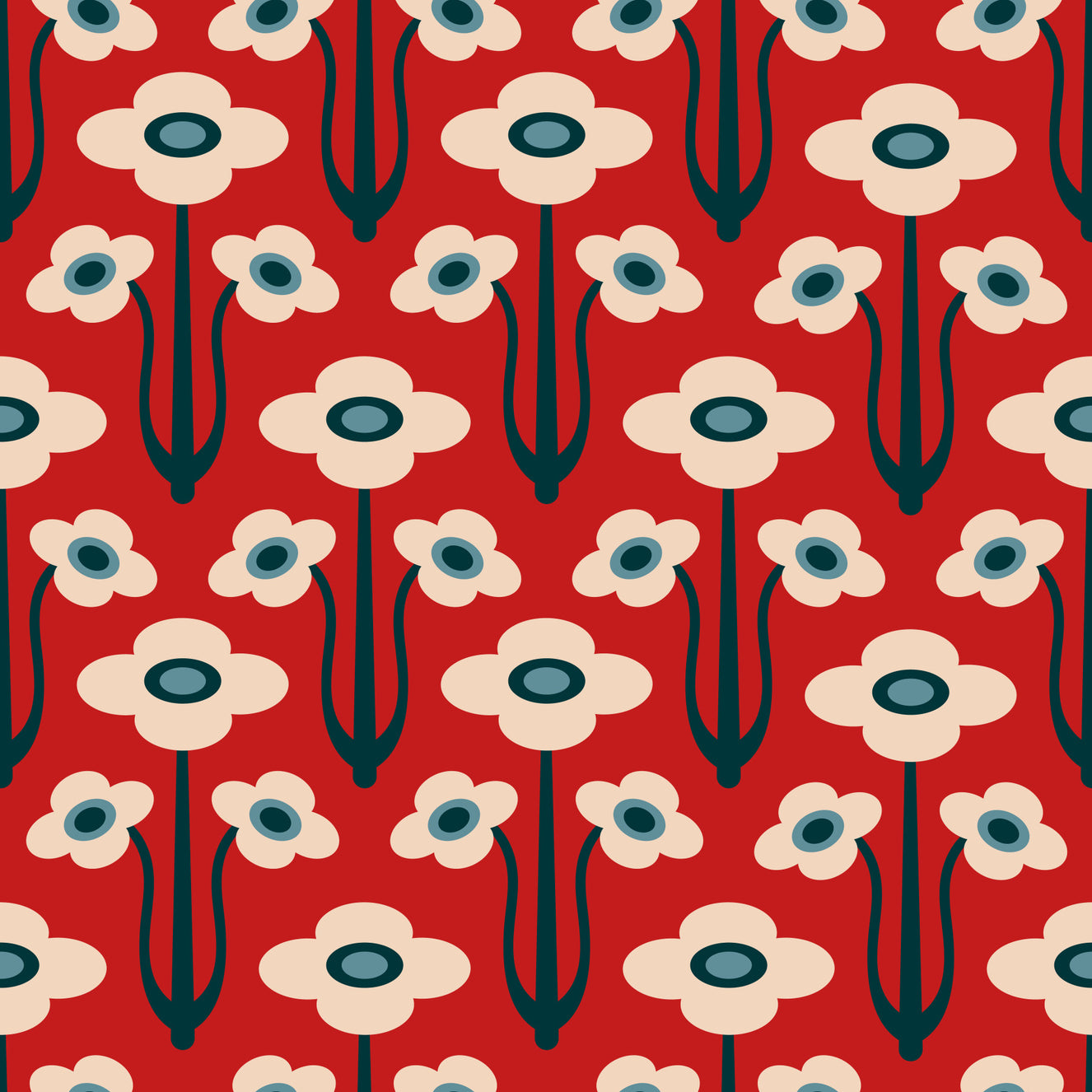 Yvette Mid Century Modern Scandi Retro Floral Blue Navy Indigo White Dark Red  Wallpaper⁠