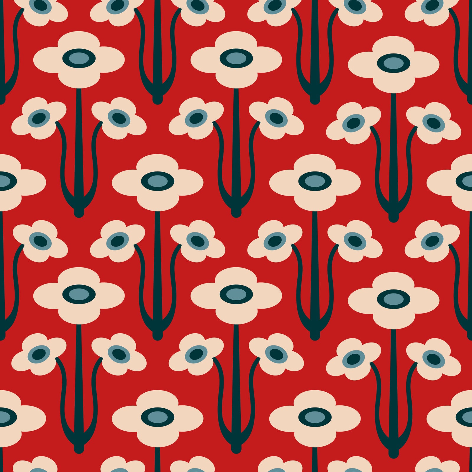 Yvette Mid Century Modern Scandi Retro Floral Blue Navy Indigo White Dark Red  Wallpaper⁠ in your room