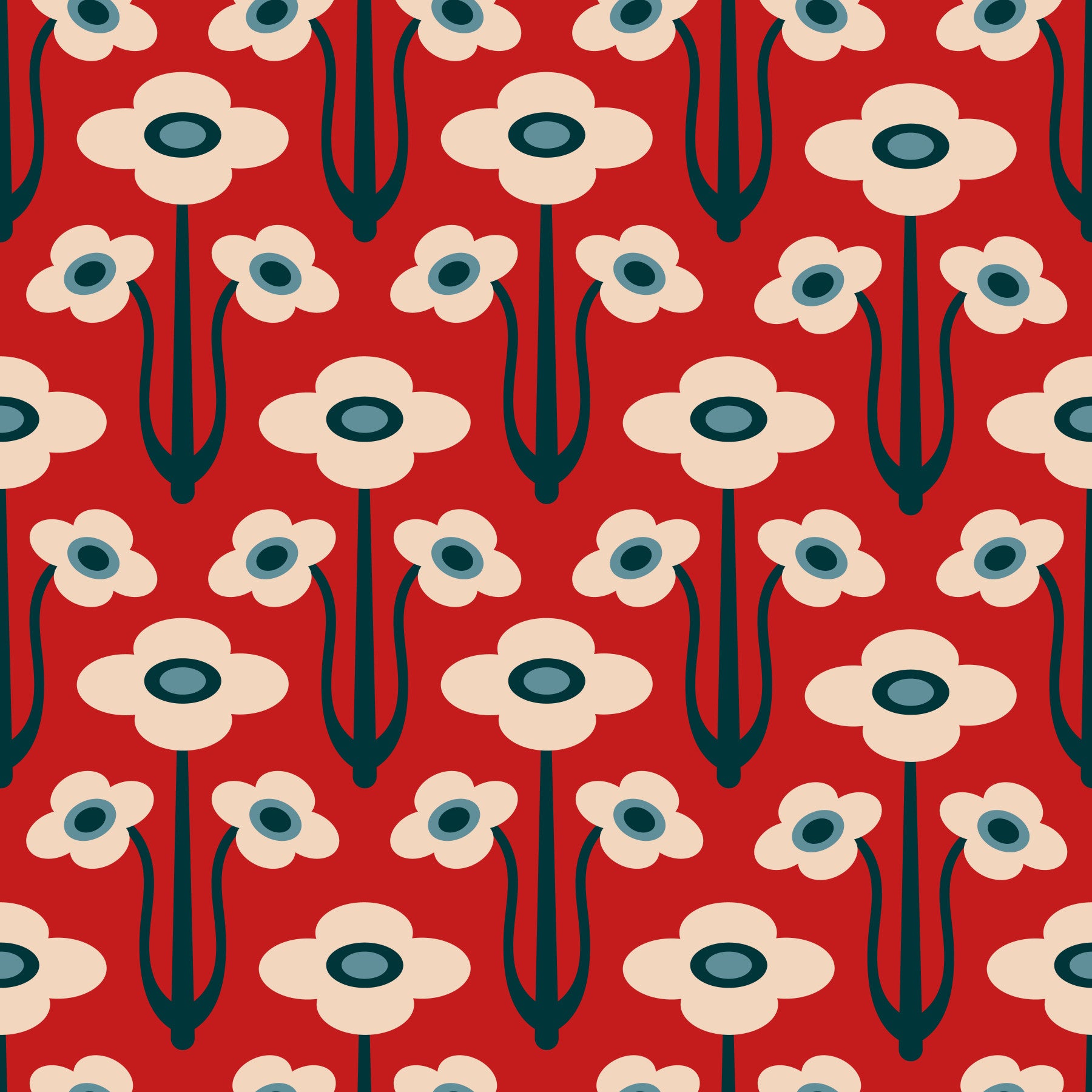Yvette Mid Century Modern Scandi Retro Floral Blue Navy Indigo White Dark Red  Wallpaper⁠ in your room — zoomed