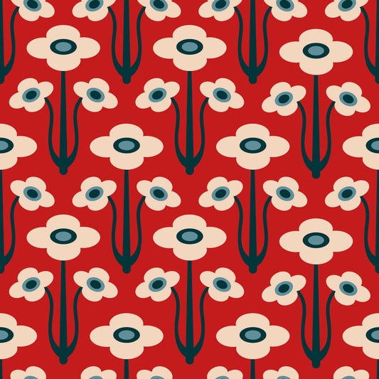 Yvette Mid Century Modern Scandi Retro Floral Blue Navy Indigo White Dark Red  Wallpaper⁠