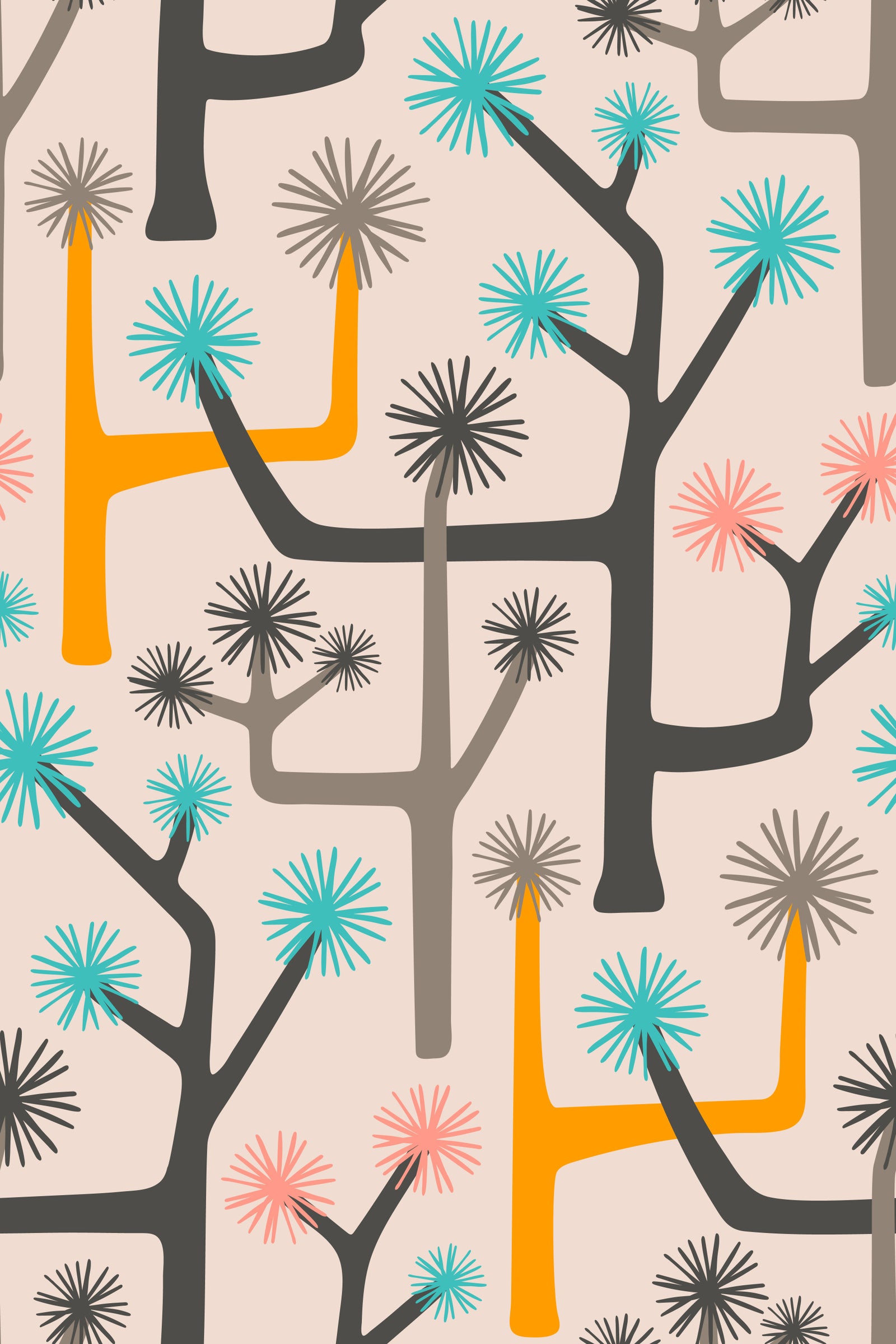 Joshua Tree Retro Mid Century Modern Desert Cactus Gray Yellow Pink Turquoise Wallpaper⁠