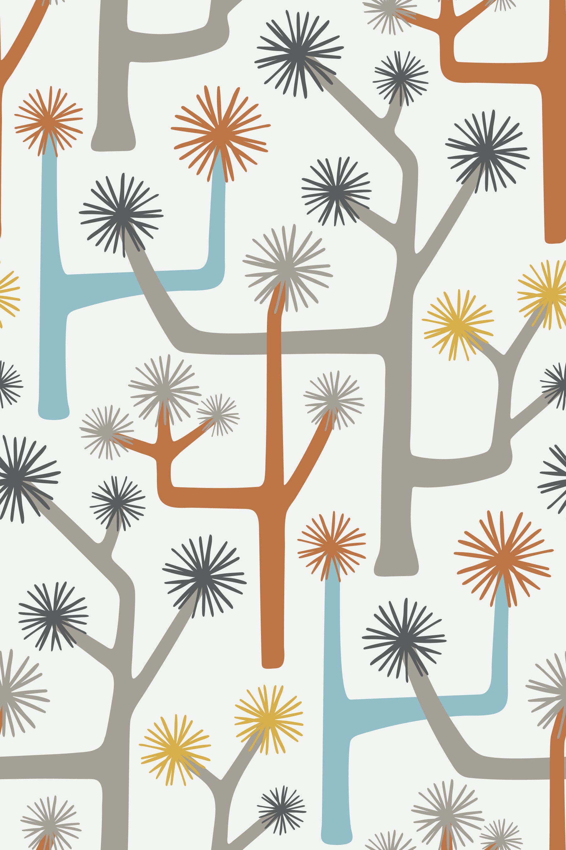 Joshua Tree Retro Mid Century Modern Desert Cactus Paprika Blue Gray Wallpaper⁠ in your room — zoomed