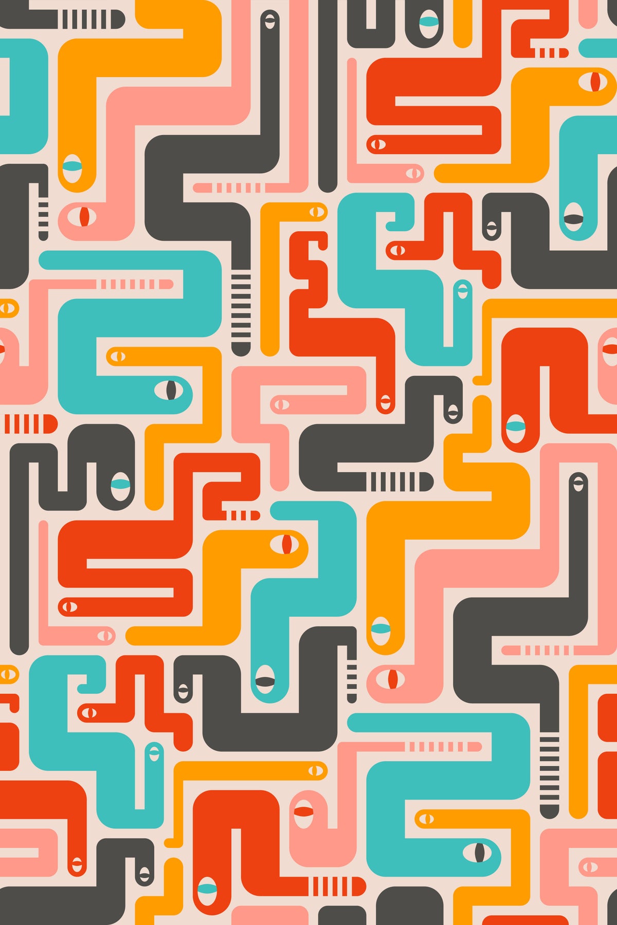 Retro Rattlers Desert Snakes Mid Century Modern Geometric Gray Yellow Pink Red Turquoise Wallpaper⁠ in your room