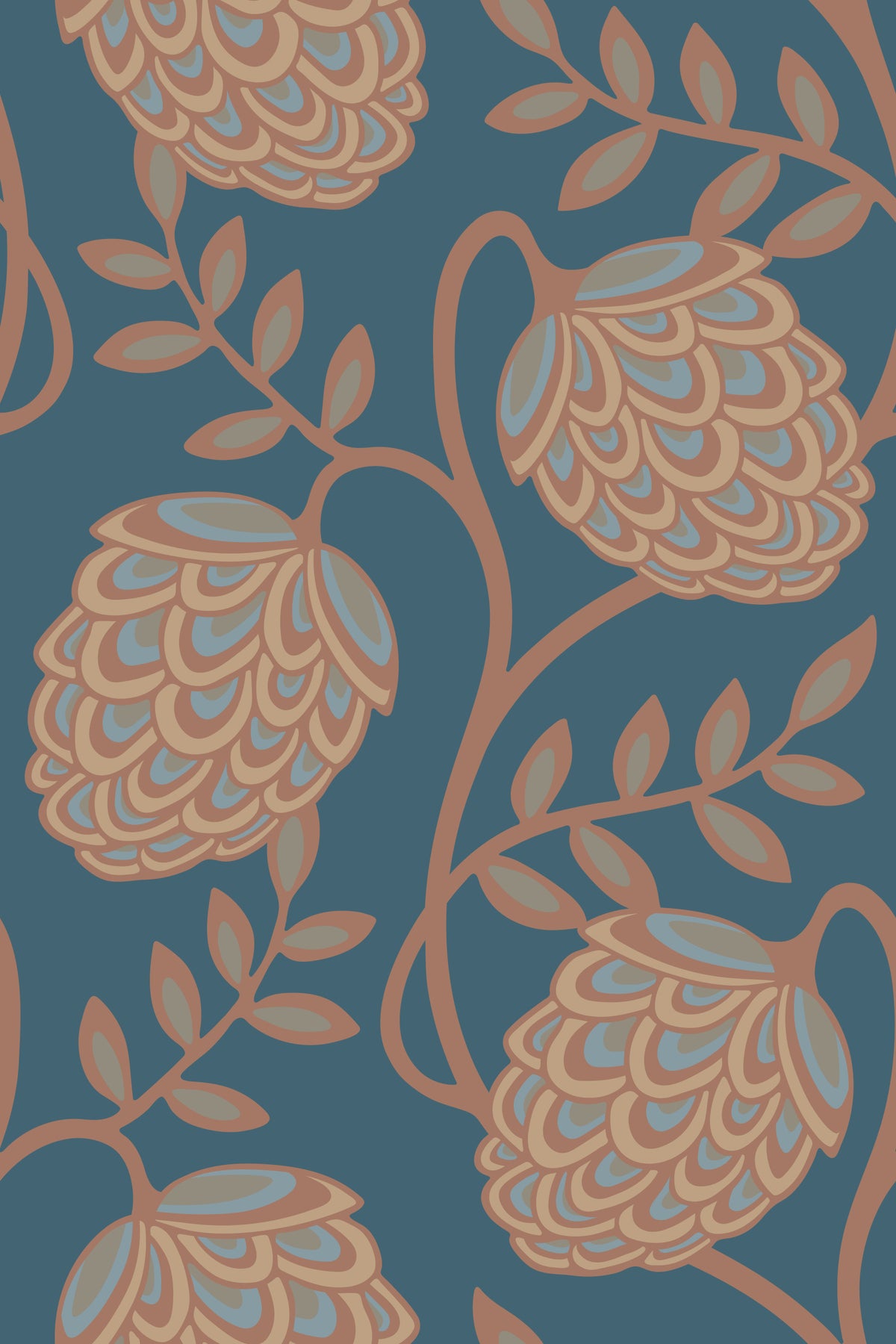 Fantasia Floral Botanical Modern Art Nouveau Mocha Mousse Brown Beige Blue Wallpaper⁠ in your room