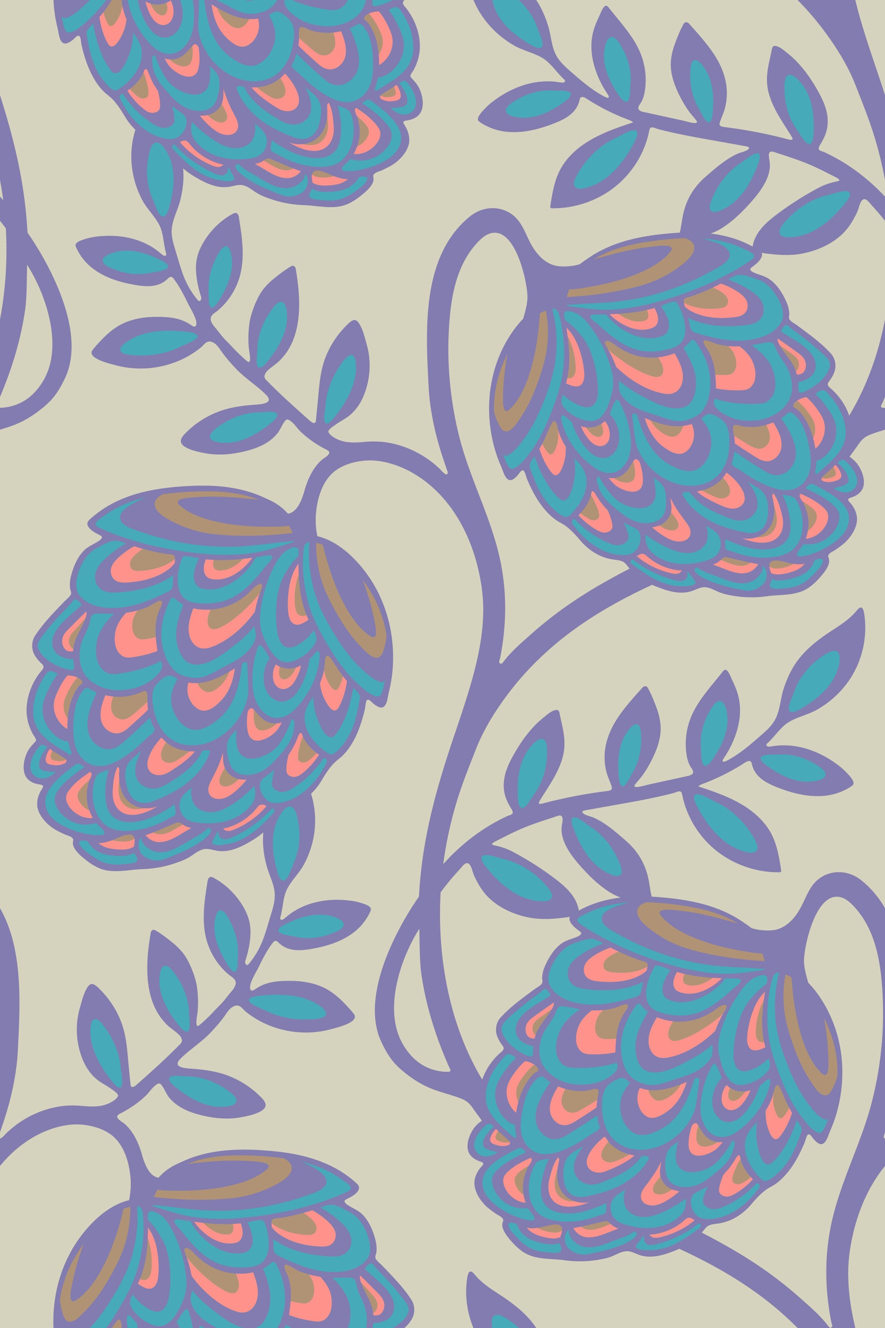 Fantasia Floral Botanical Modern Art Nouveau Pastel Lavender Purple Pink Blue Cream Wallpaper⁠
