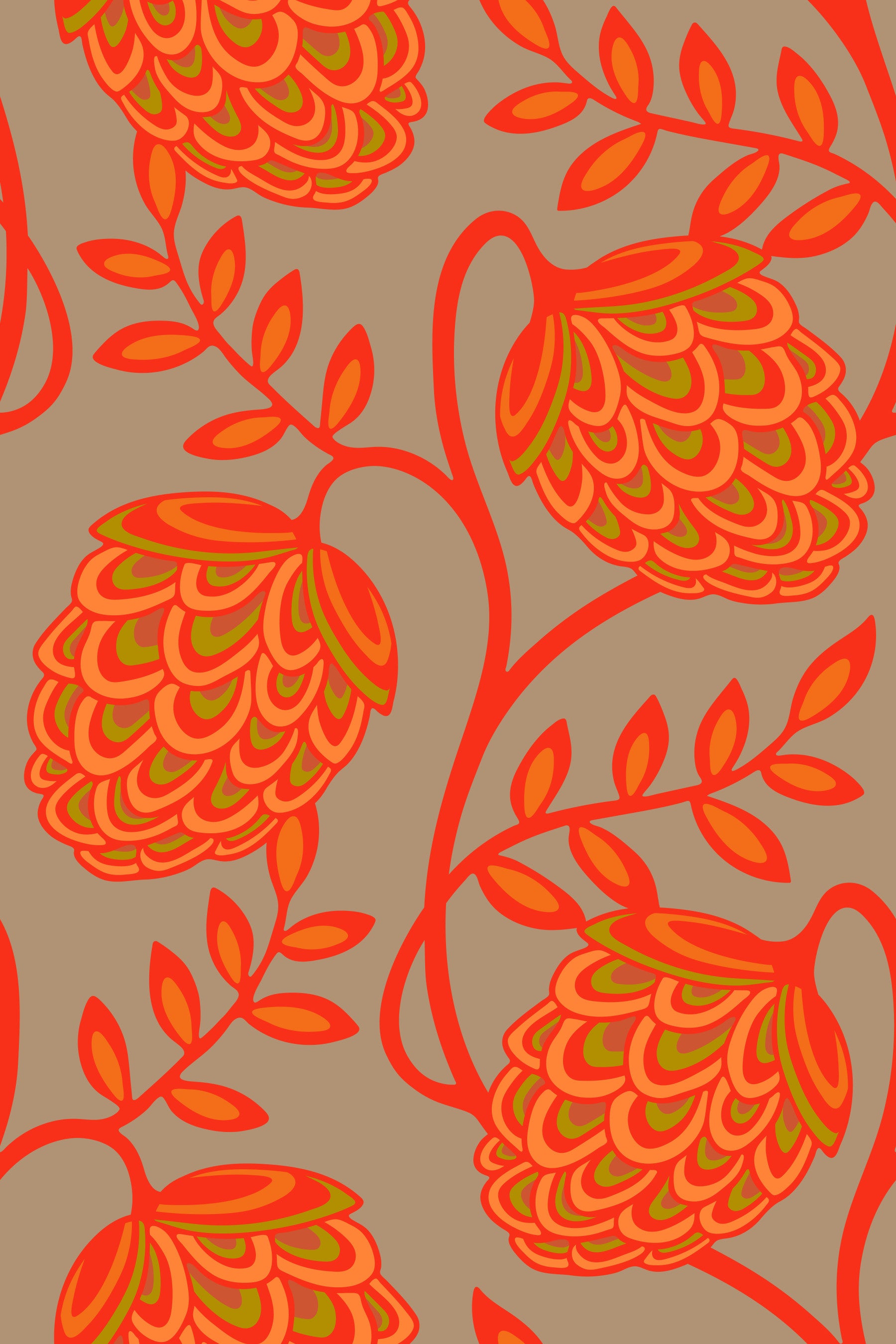 Fantasia Floral Botanical Modern Art Nouveau Coral Orange Beige Wallpaper⁠ in your room — zoomed
