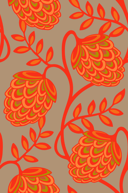 Fantasia Floral Botanical Modern Art Nouveau Coral Orange Beige Wallpaper⁠